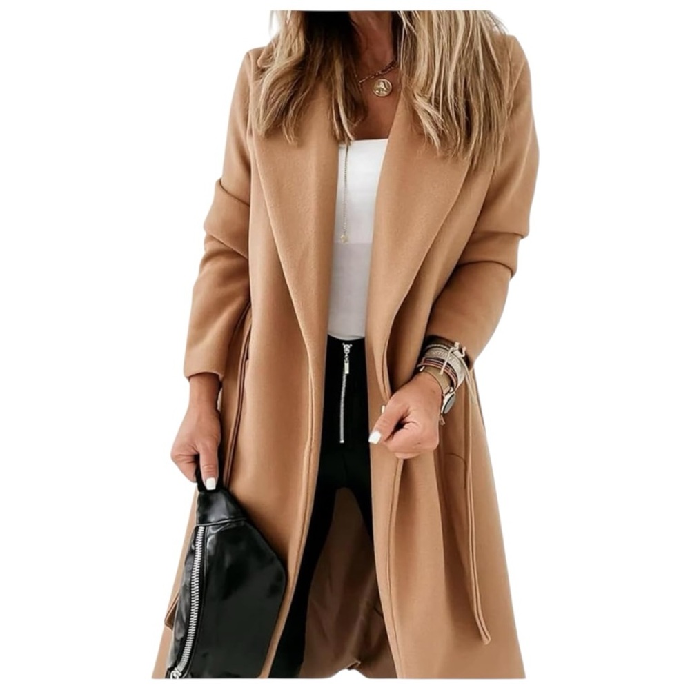 Tankaneo Camel Belted Long Coat Size XL Open Front Lapel Brand New - Picture 7 of 10
